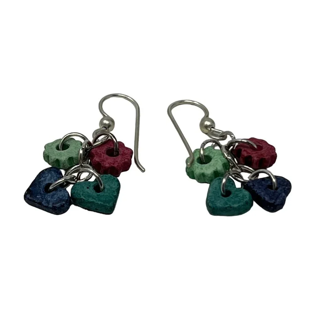 Handcrafted‎ Earrings Silver Tone Dangle Wire Ceramic Beads Hearts Cogs